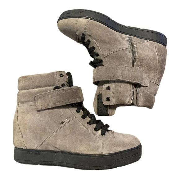 Prada Grey combat Wedge sneaker size 39.5 authentic - Picture 1 of 11